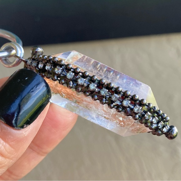 LONG chain BIG 2.5 inch Crystal quartz black electroplated boho goth necklace - Picture 10 of 15